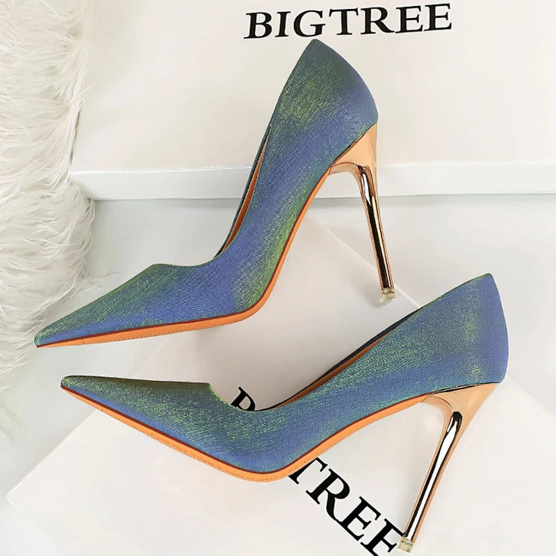 Women's Satin Stiletto Pumps – Pointed Toe Super High Heel Party Shoes with Bling Detail
