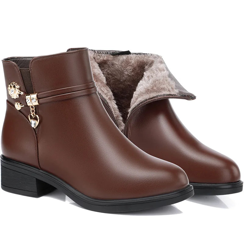 Women's Rhinestone Ankle Boots – Plush-Lined Zip-Up Low Heel Booties