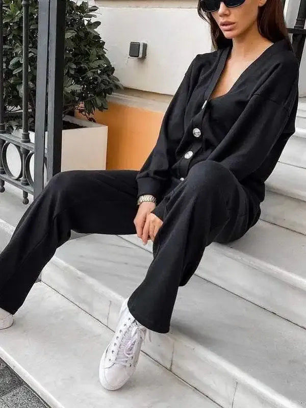 Women's Button-Front Cardigan & Tie-Waist Trousers Set
