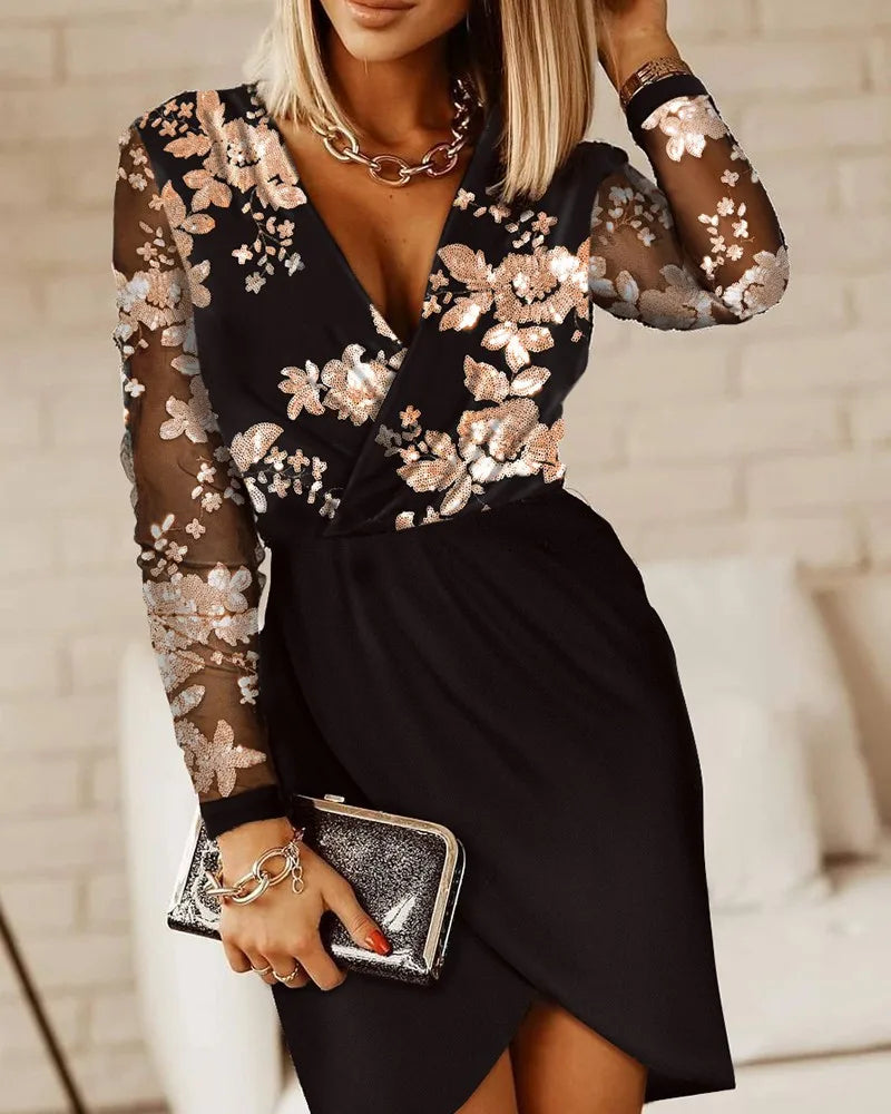 Women's Sexy Party Dresses Deep V-neck Sequins Patchwork New Long Sleeve Short Dress Fashion Elegant Slim Lady Office Vestidos LADYLYS