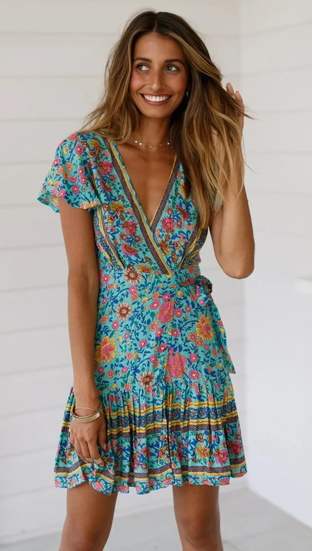 Boho Queens Fashion Women Hippie  Floral Print V-neck Sashes Bohemian Mini Dress LADYLYS