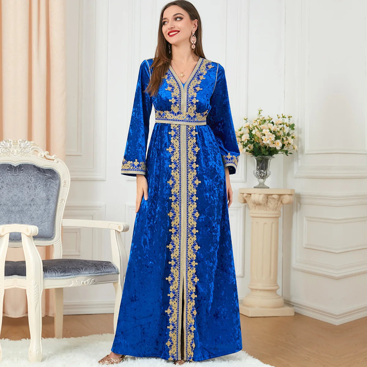 Robe en velours mode Dubaï en aval à manches longues fente Matutina-Chic