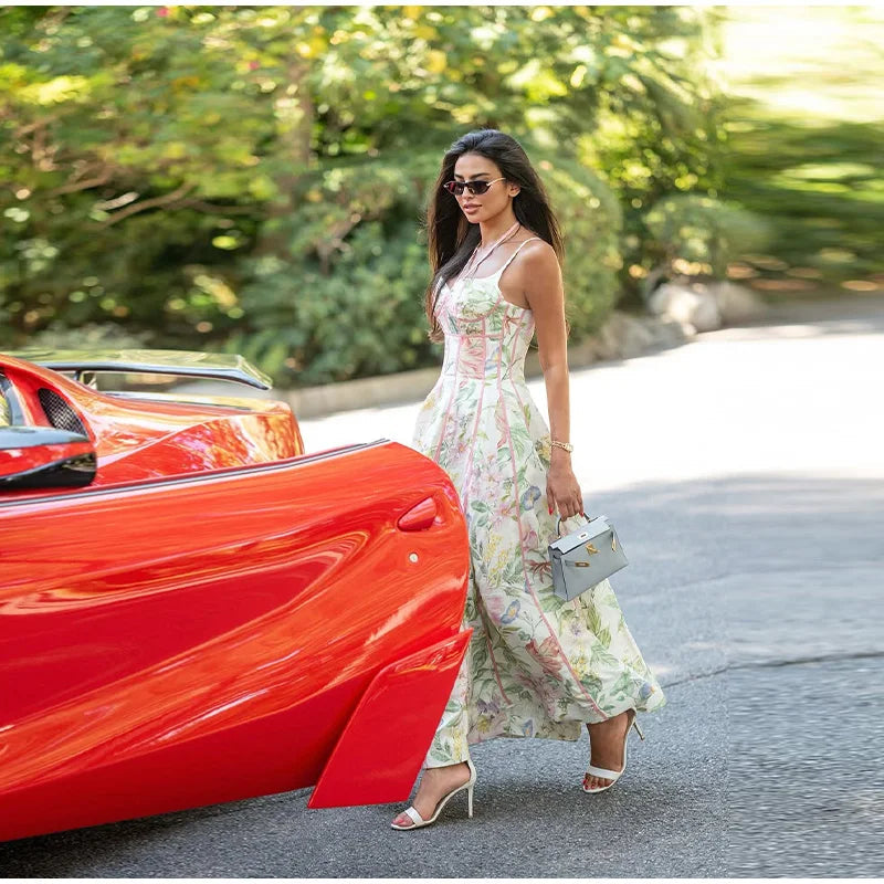 Floral Print Halter Neck Corset Waist Maxi Dress Elegant LADYLYS
