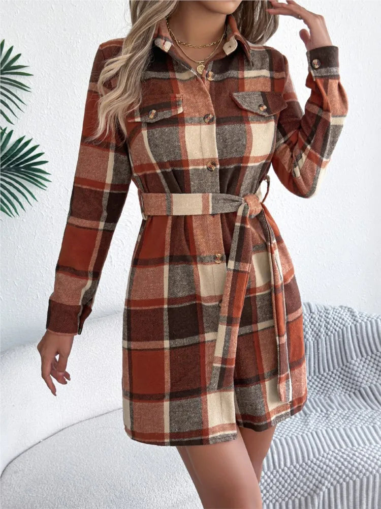 Women's Plaid Shirt Dress – Long Sleeve Belted A-Line Knee-Length Dress | Retro Casual Style