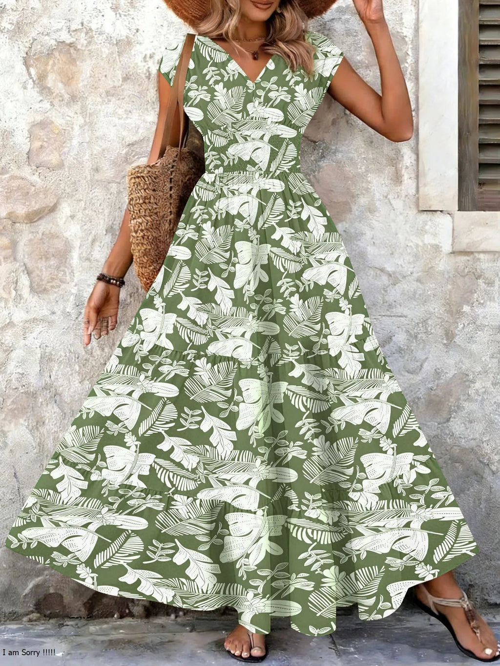 Vintage Floral Print Dress Elegant V-Neck Short Sleeve LADYLYS