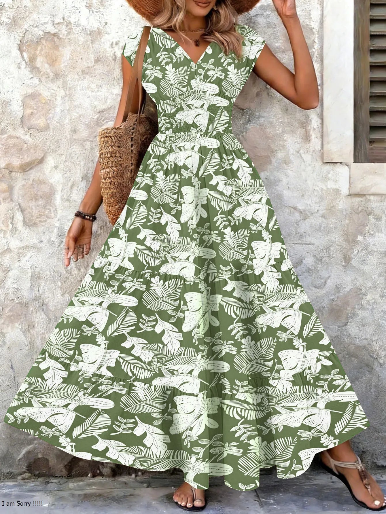 Vintage Floral Print Dress Elegant V-Neck Short Sleeve LADYLYS