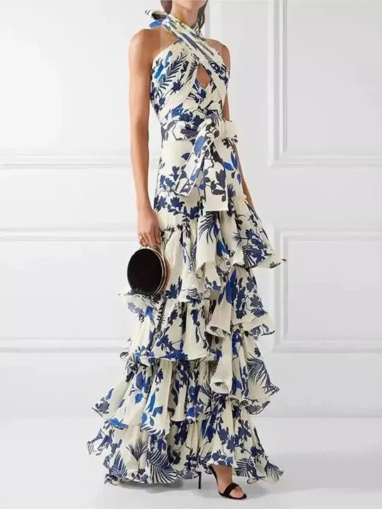 Elegant Womens Dress Floral Print Halter Neck Leace-up Off Shoulder LADYLYS