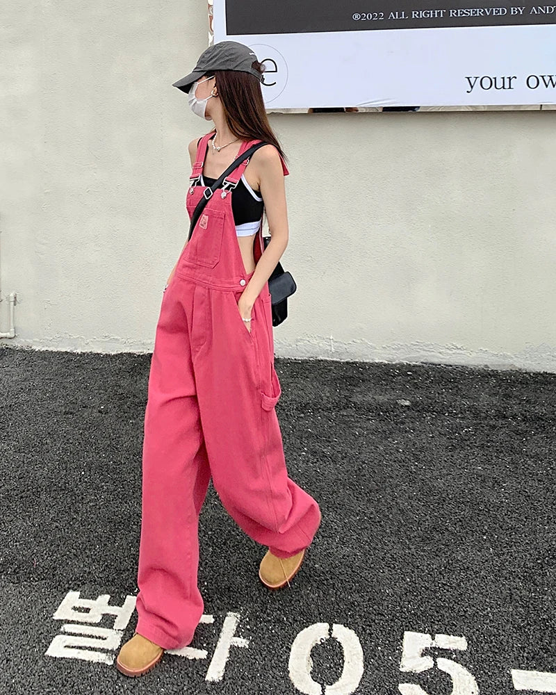 Summer Style loose Girls Pink wide leg trousers jumpsuit denim overalls LADYLYS