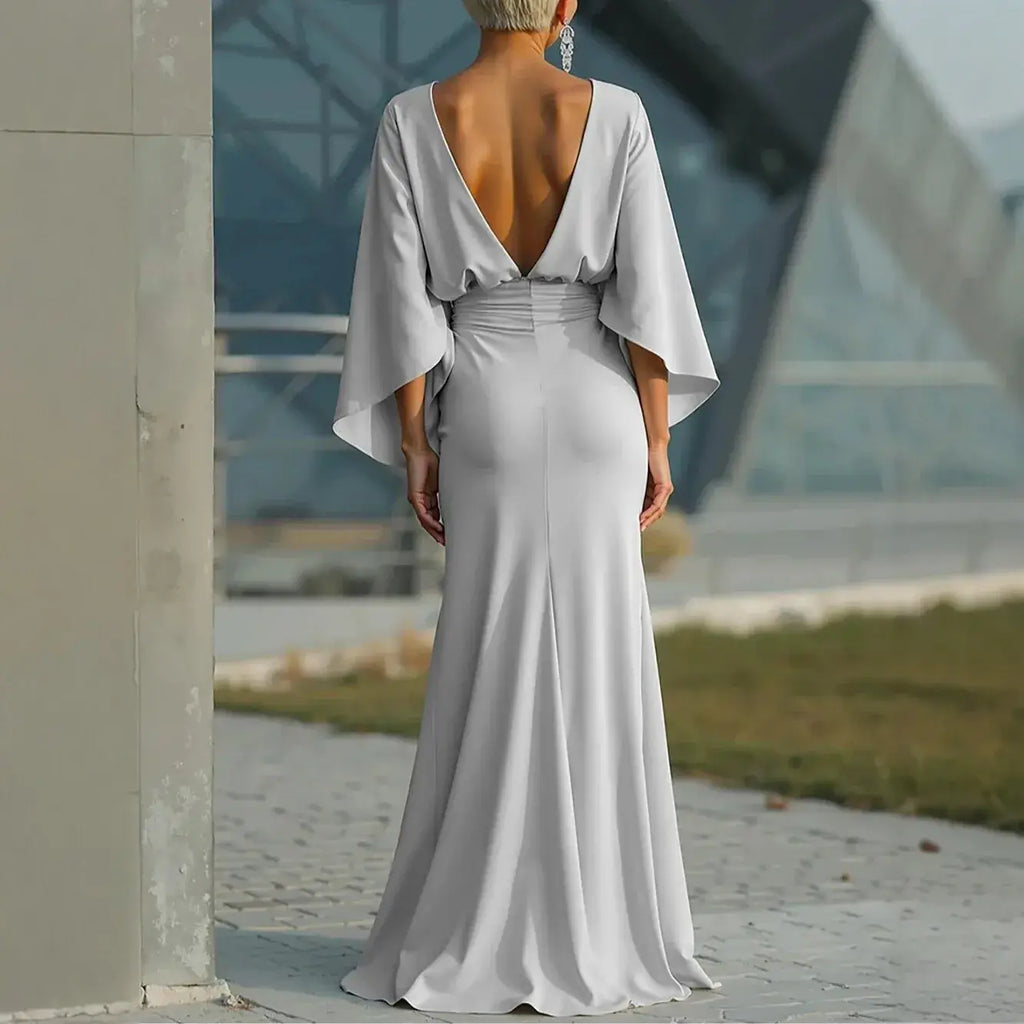 Grey Backless A-Line Maxi Dress with Batwing Sleeves