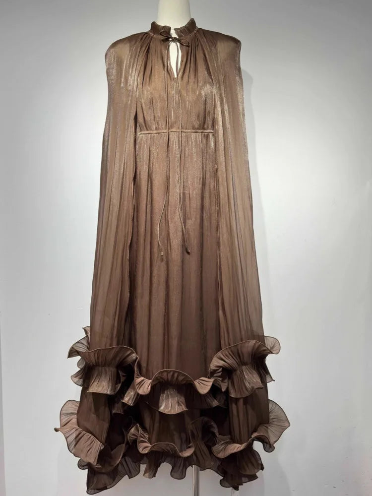 Women's V-Neck Cape Sleeve Maxi Dress – Ruffle Edge, A-Line Floor-Length