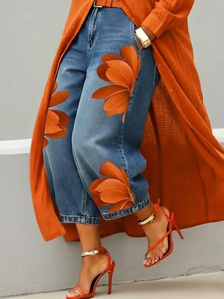 Women's Chic Printed Patchwork Straight Trousers | Loose Office Casual Pants