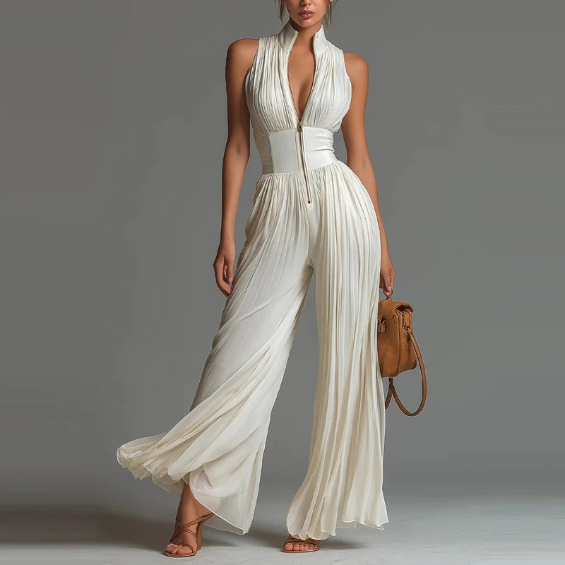 Elegant Lady Zipper Wide Leg Playsuits Stand Collar High Waist Pleat Jumpsuit LADYLYS