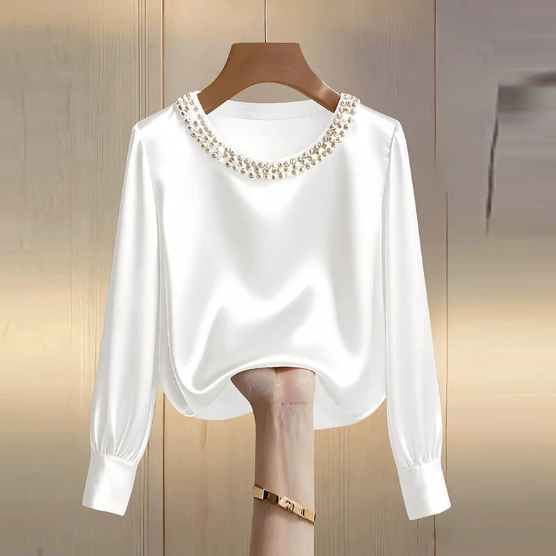 Elegant Satin Shirt Women Spring Autumn Bead Design Long Sleeve Silk Blouse Women Fashion O Neck Loose Pullover Tops LADYLYS