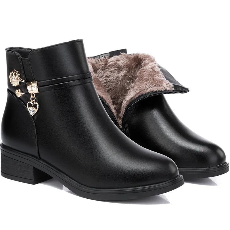 Women's Rhinestone Ankle Boots – Plush-Lined Zip-Up Low Heel Booties