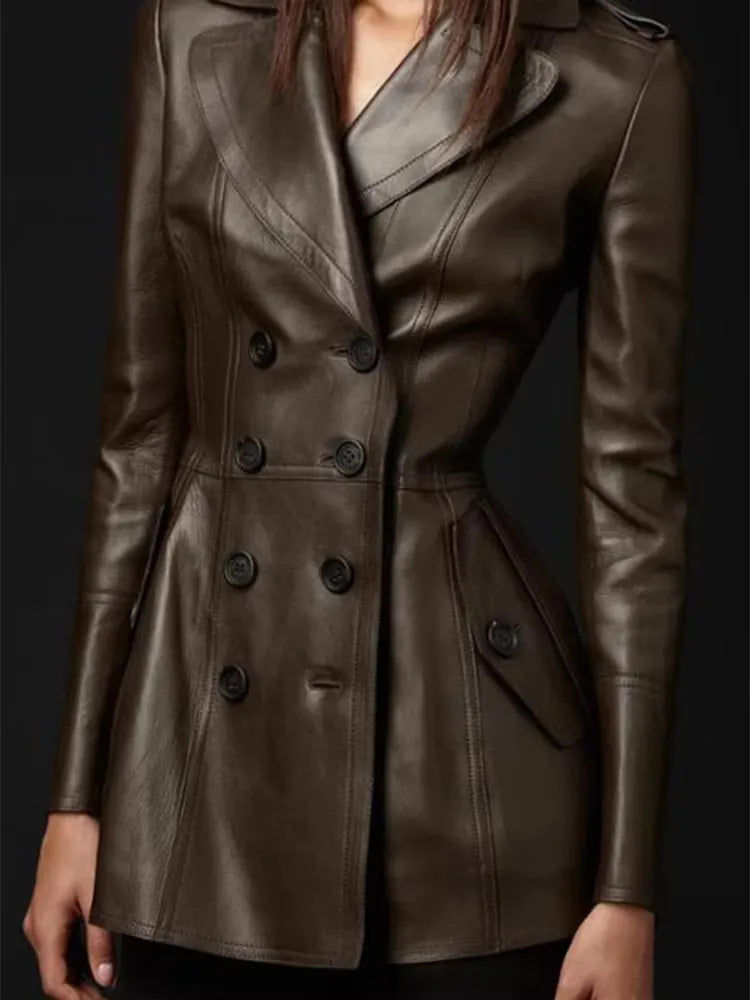 Women's Fitted Faux Leather Blazer – Double-Breasted, Elegant Office Jacket