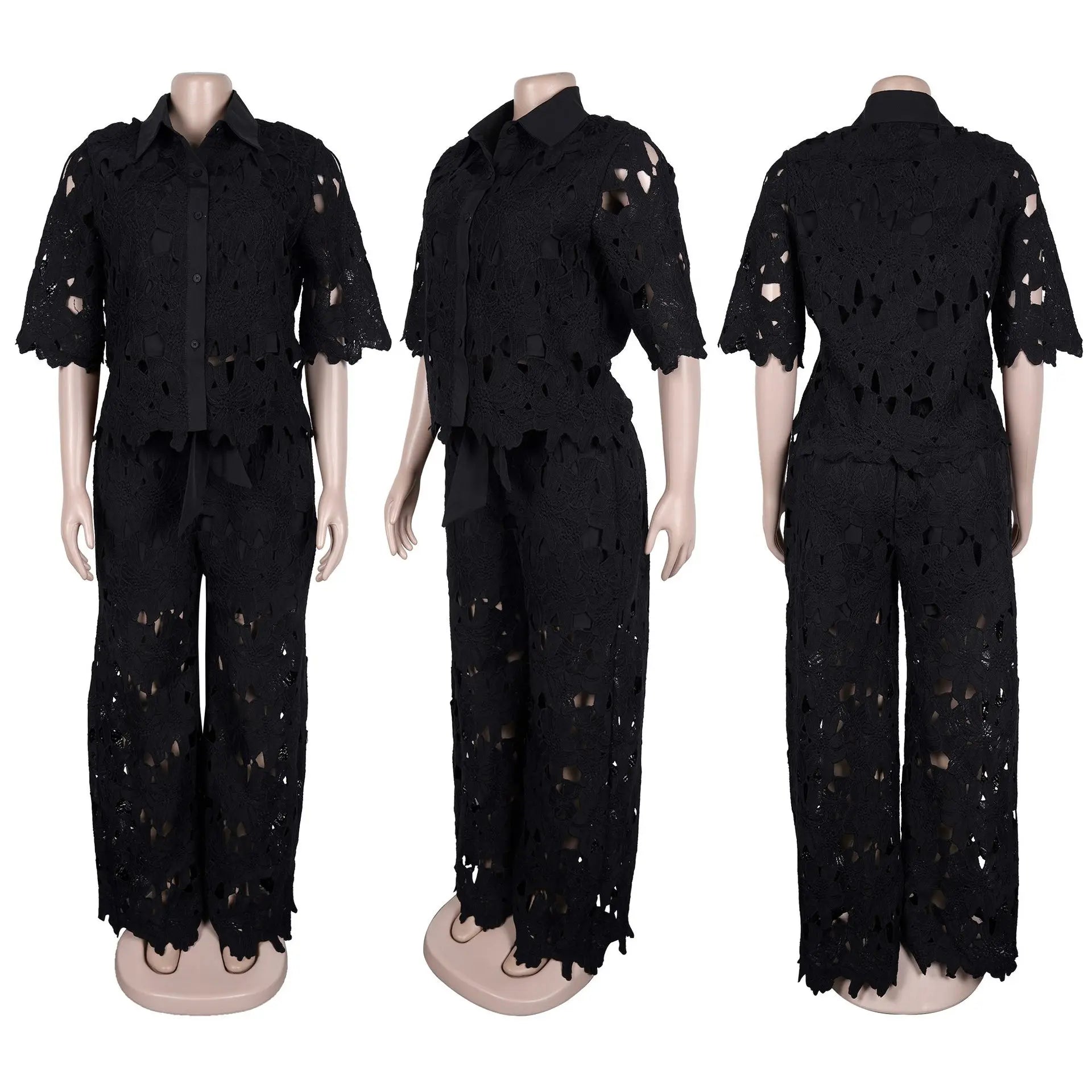 Women's Hollow Lace 2-Piece Set — Streetwear Top & Wide Leg Trousers LADYLYS