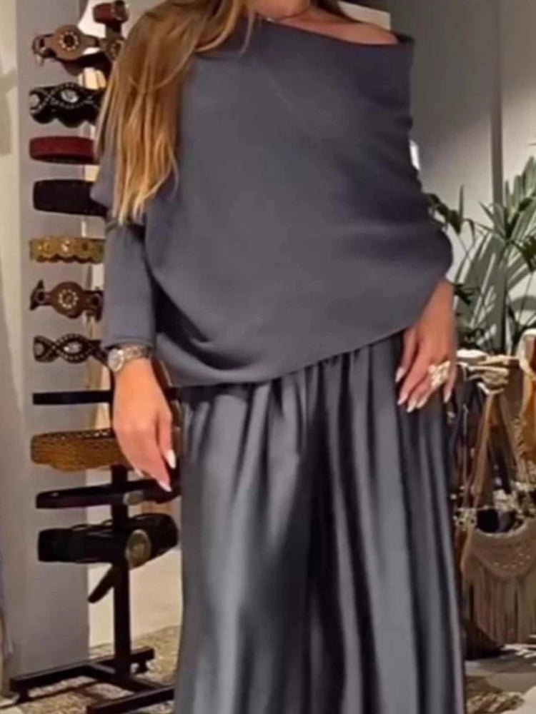 Elegant Slash Collar Off Shoulder Top&Satin Wide Leg Pants Sets Fashion Irregular Solid LADYLYS