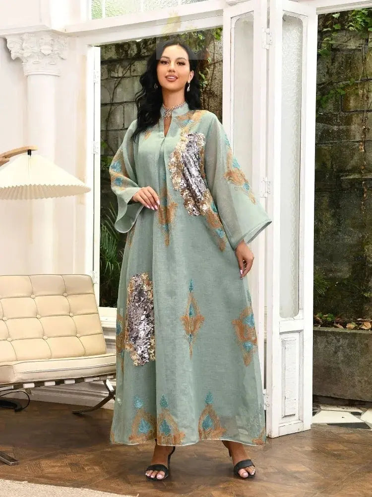 Morocco Dress for Women Muslim Abaya India Stand Collar Abayas Enbroidery Sequins LADYLYS