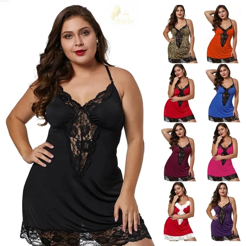 8XL Plus Size Sexy Lace Nightgown for Women Summer Pajamas Dress V Neck LADYLYS