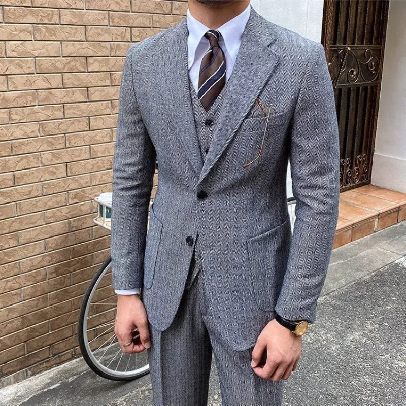 Men's Slim-Fit Herringbone Three-Piece Suit