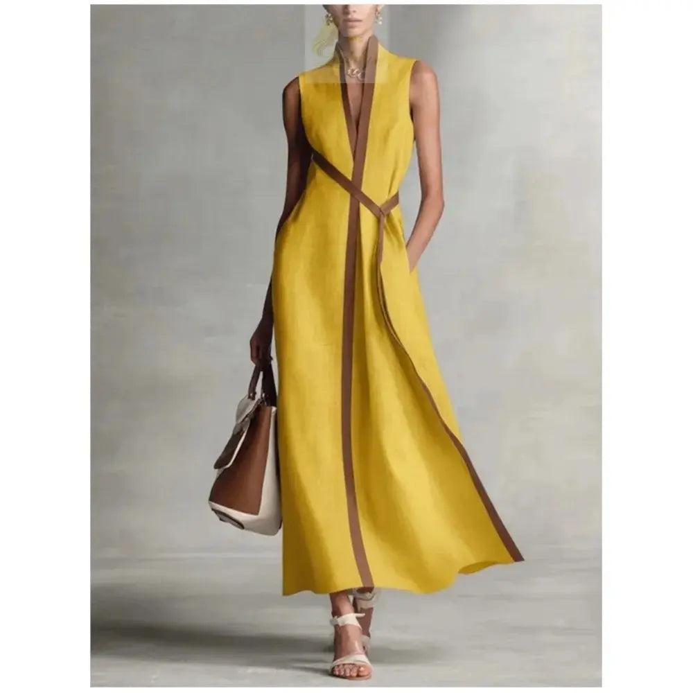 Retro Striped Splicing Cotton Linen Sleeveless Women's Dress Temperament LADYLYS