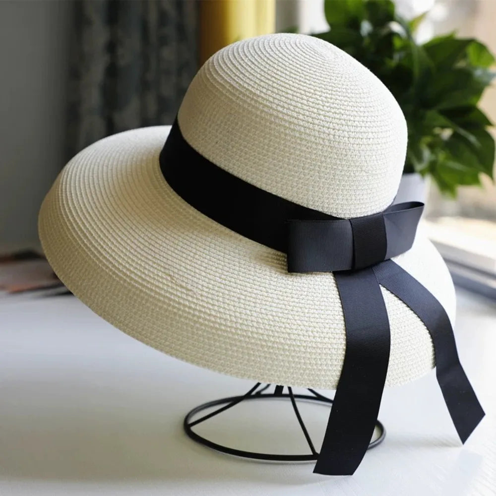 Vintage Breathable Straw Hat Black Ribbon Large Brim Sunshade Hat UV Protection Sun Hat Women LADYLYS