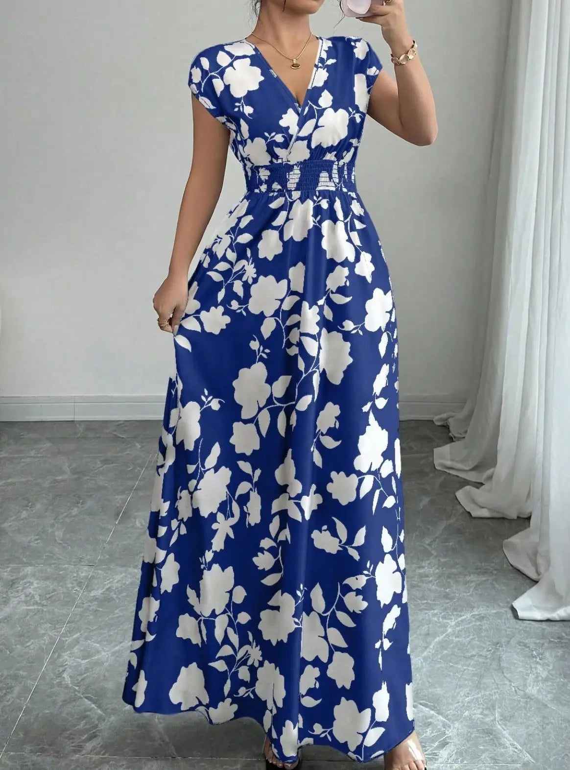 Printed V-Neck Short Sleeve Midi Dress – Lace-Up Waist Casual Summer Dress