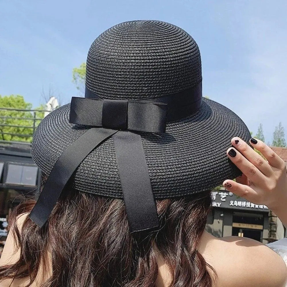 Vintage Breathable Straw Hat Black Ribbon Large Brim Sunshade Hat UV Protection Sun Hat Women LADYLYS