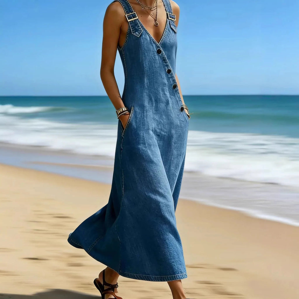 Women Denim Suspender Dress Sleeveless Overall Dresses Distressed Backless V Neck Button Washed Vestidos Summer Sundress A Line LADYLYS