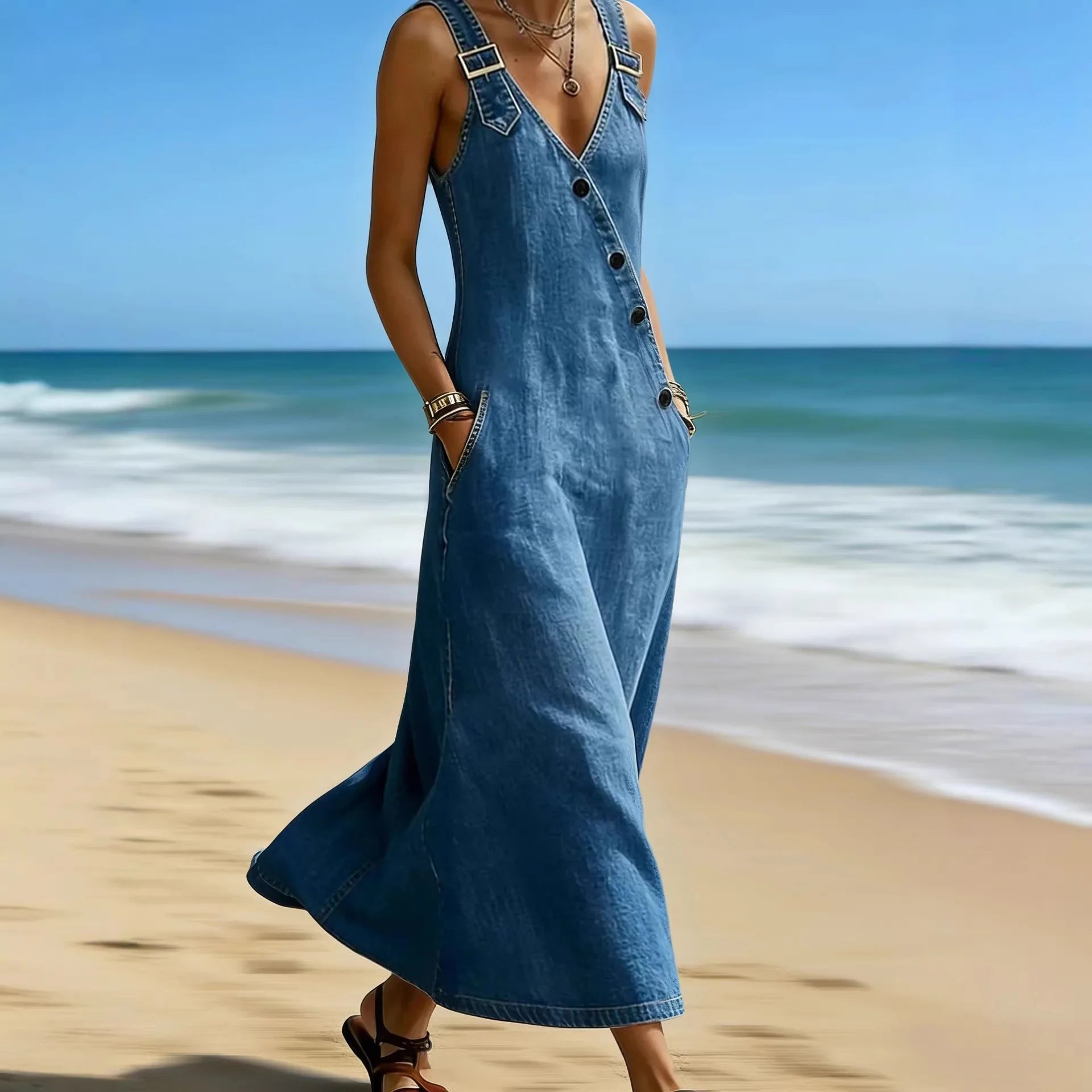 Women Denim Suspender Dress Sleeveless Overall Dresses Distressed Backless V Neck Button Washed Vestidos Summer Sundress A Line LADYLYS