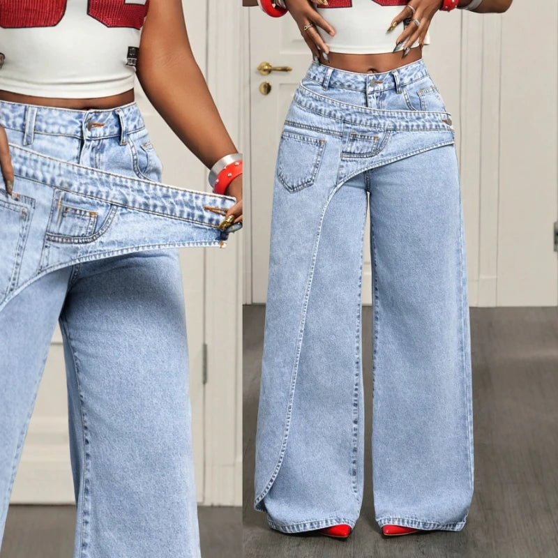 Women's Vintage Straight-Leg Jeans – High Waist, Splice Detail, Y2K Streetwear