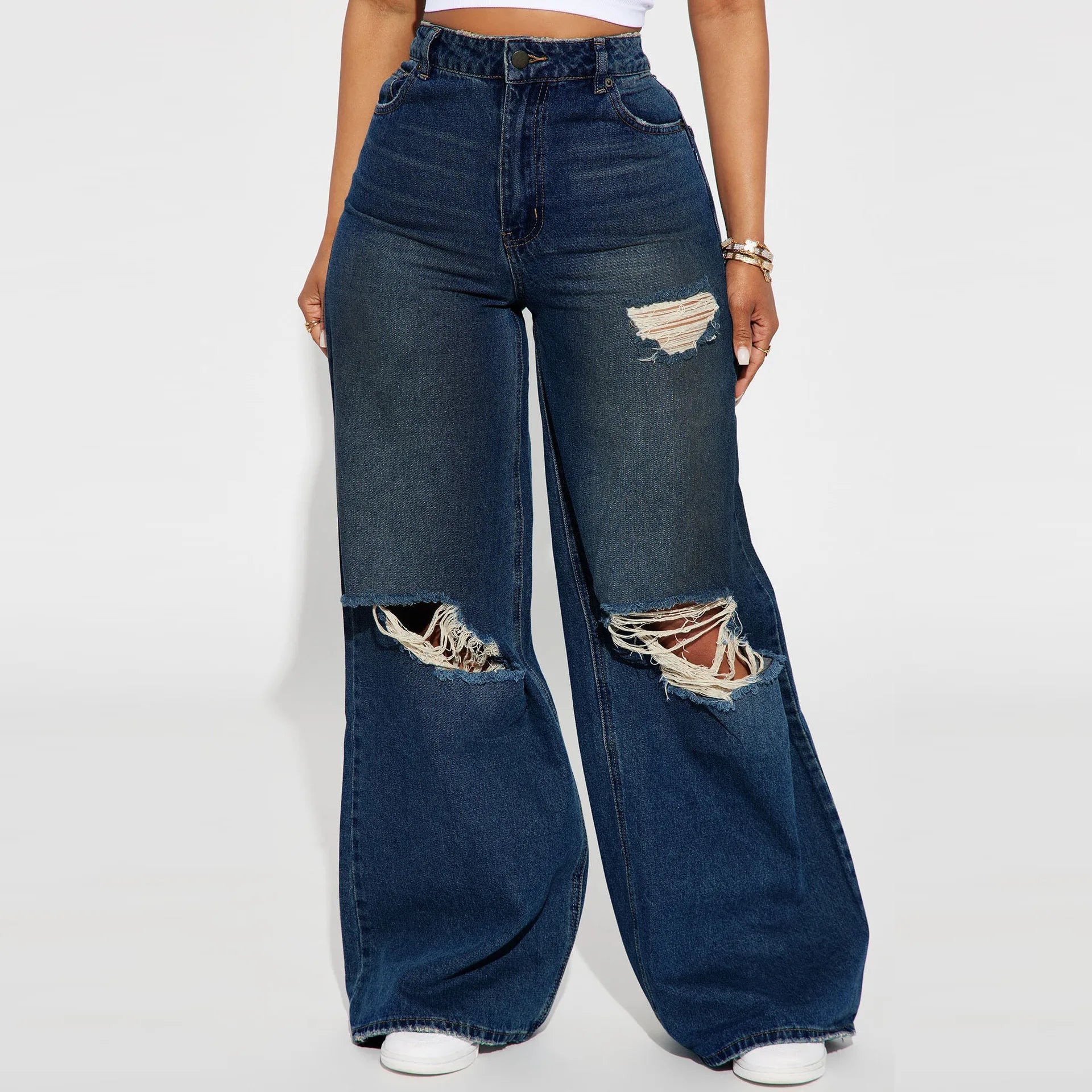 Wide-leg Jeans Washed Holes Loose Casual Floor-length Jeans Women LADYLYS