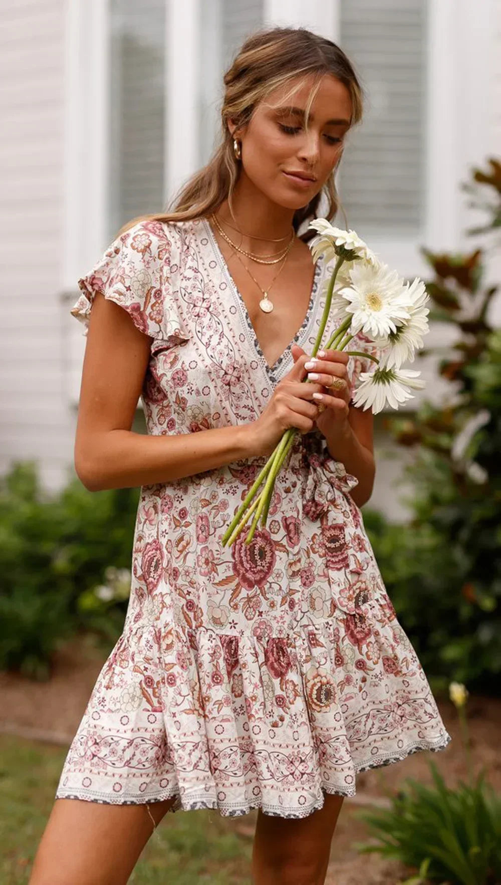 Boho Queens Fashion Women Hippie  Floral Print V-neck Sashes Bohemian Mini Dress LADYLYS