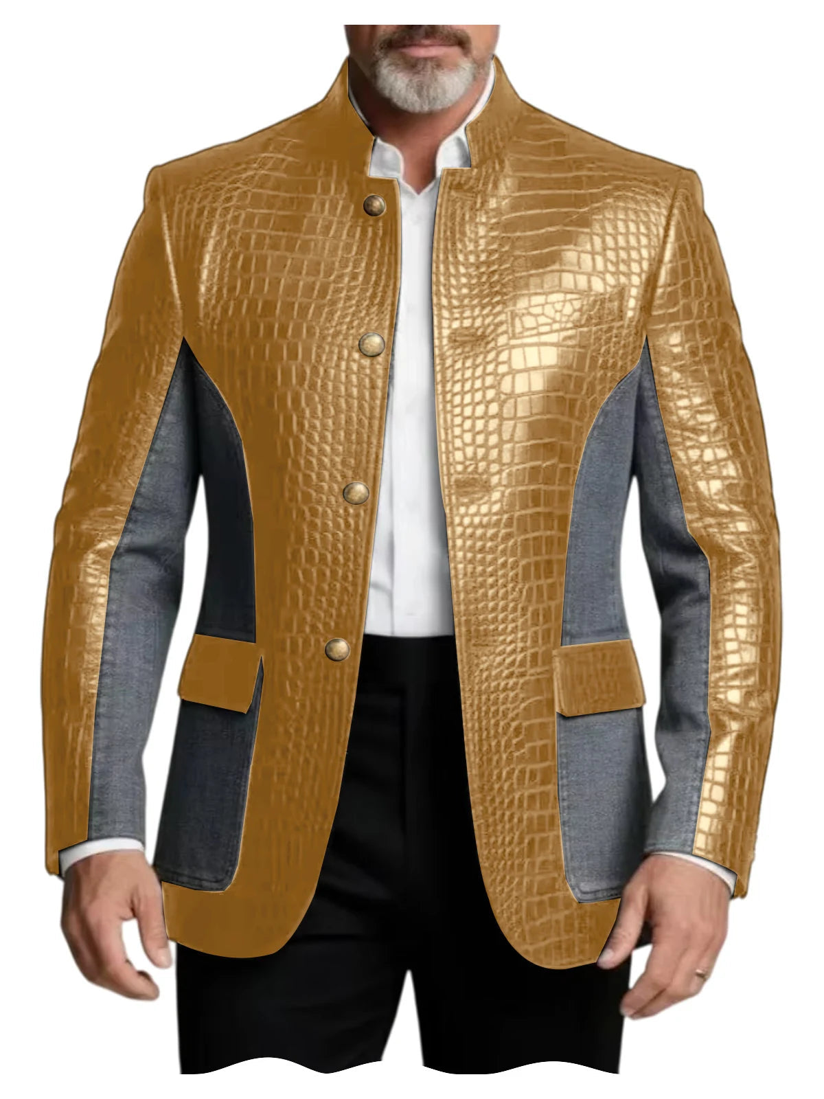 Men's Crocodile Embossed Leather Brown Jacket Patchwork Denim Luxury PU LADYLYS