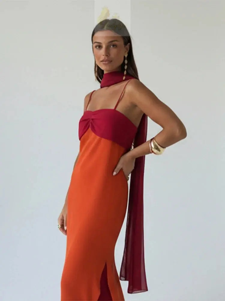 Blocking Scarf Collar Sling Dress Sexy Split Waist Cinching Bodycon Maxi Gowns LADYLYS