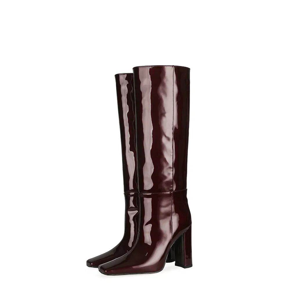 Women's Patent Leather Knee-High Boots – Thick Square Heel Slip-On Winter Boots in 21 Colours