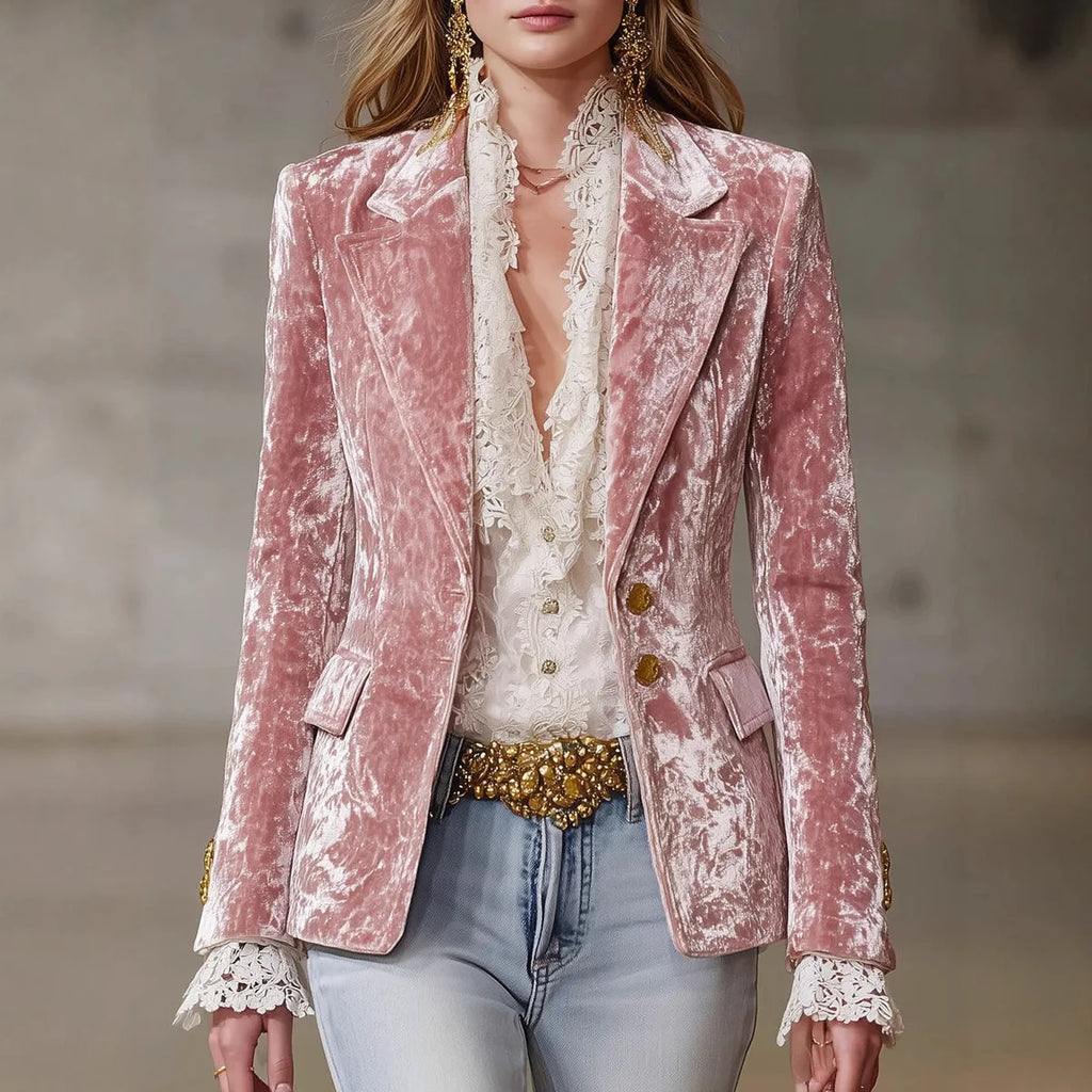 Women's Pink Velvet Single-Button Blazer