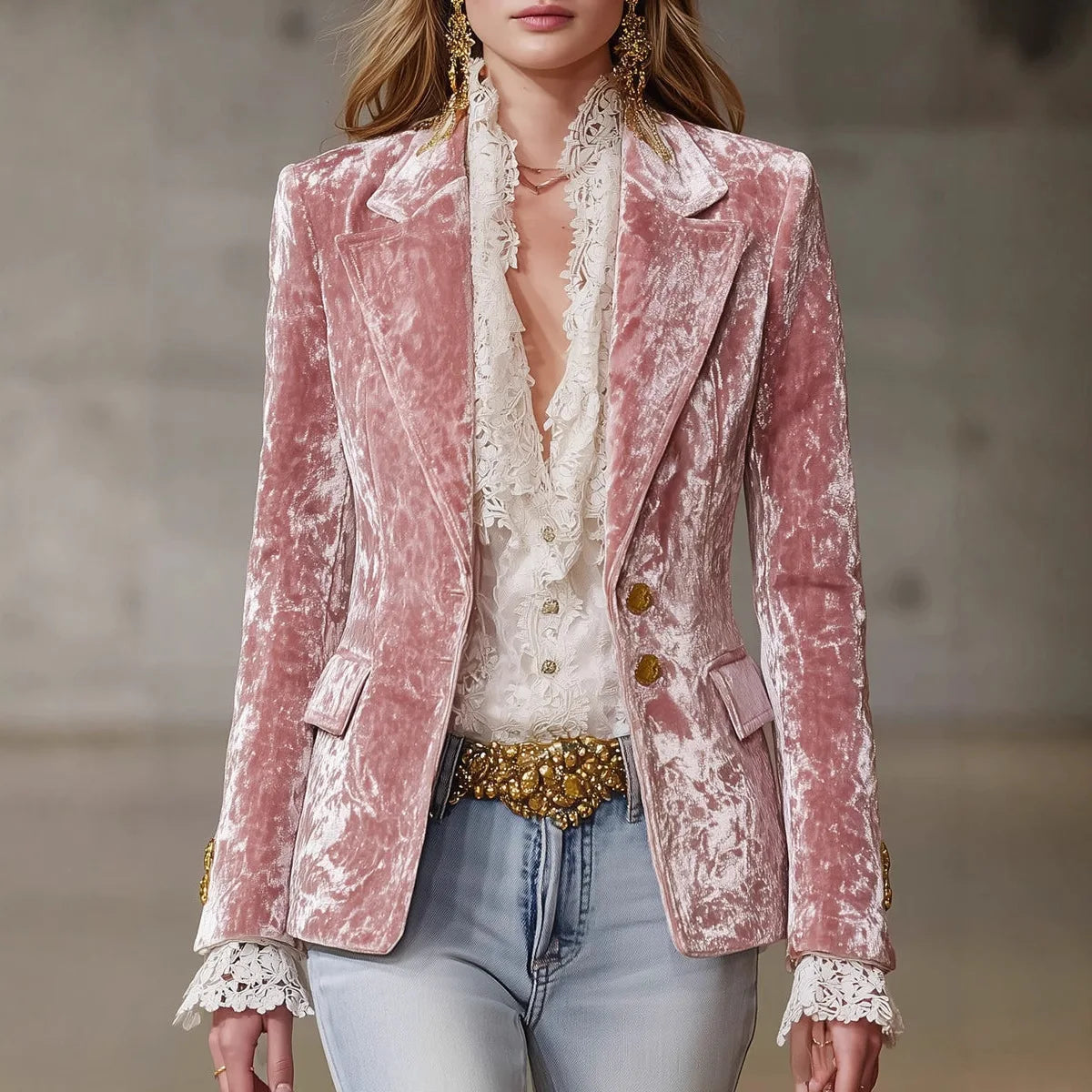 Women's Pink Velvet Single-Button Blazer