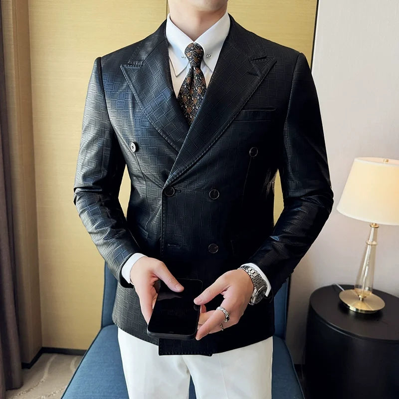 Men's Double-Breasted Check Blazer – Slim Fit, Smart Casual, Business Suit Jacket