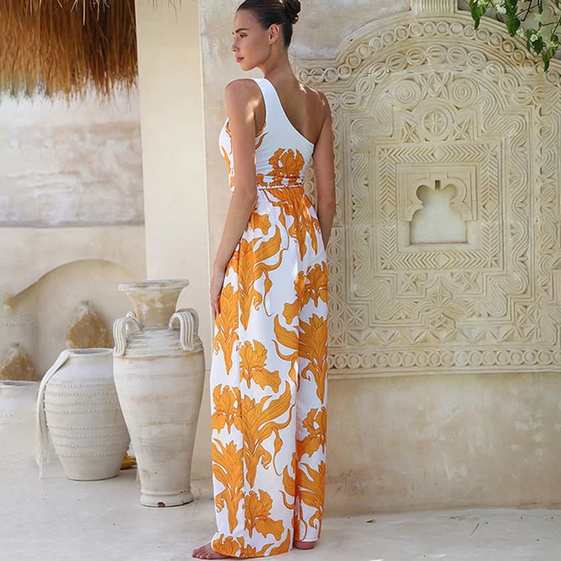 Elegant Summer Women One Shoulder Iris Print One Piece Swimsuit and Pants LADYLYS