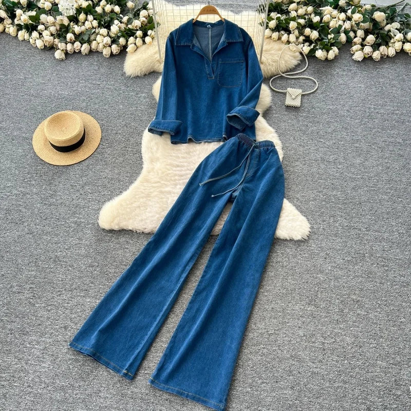 Women's Vintage Denim Shirt and Straight-Leg Jeans Set