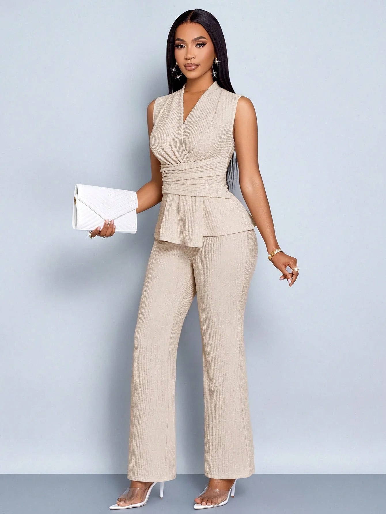 Apricot Elegant V-Neck Vest and Wide-Leg Pants Two-Piece Set LADYLYS