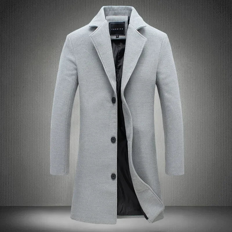 Long Cotton Coat New Wool Blend Pure Color Casual Business Fashion Men's Clothing LADYLYS