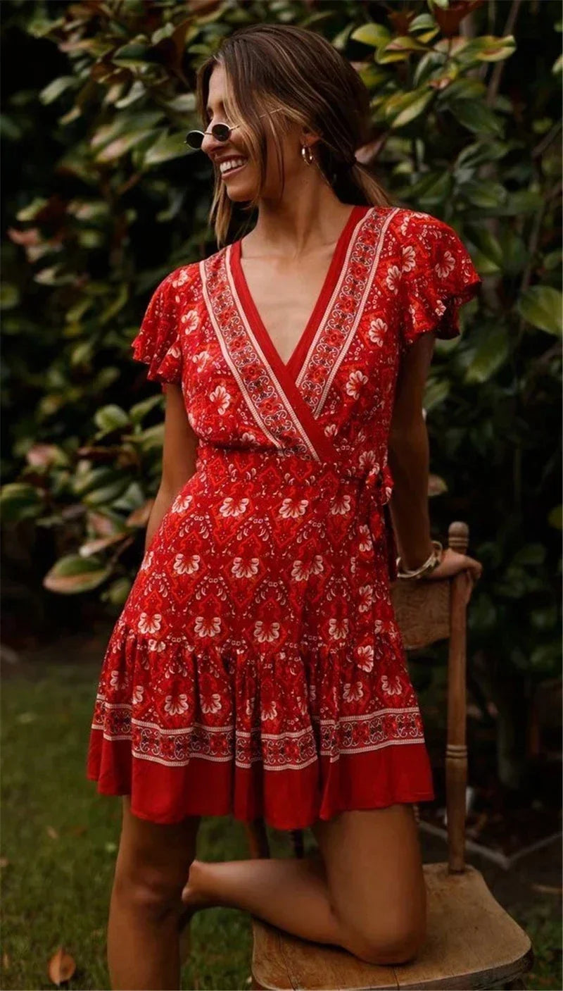 Boho Queens Fashion Women Hippie  Floral Print V-neck Sashes Bohemian Mini Dress LADYLYS