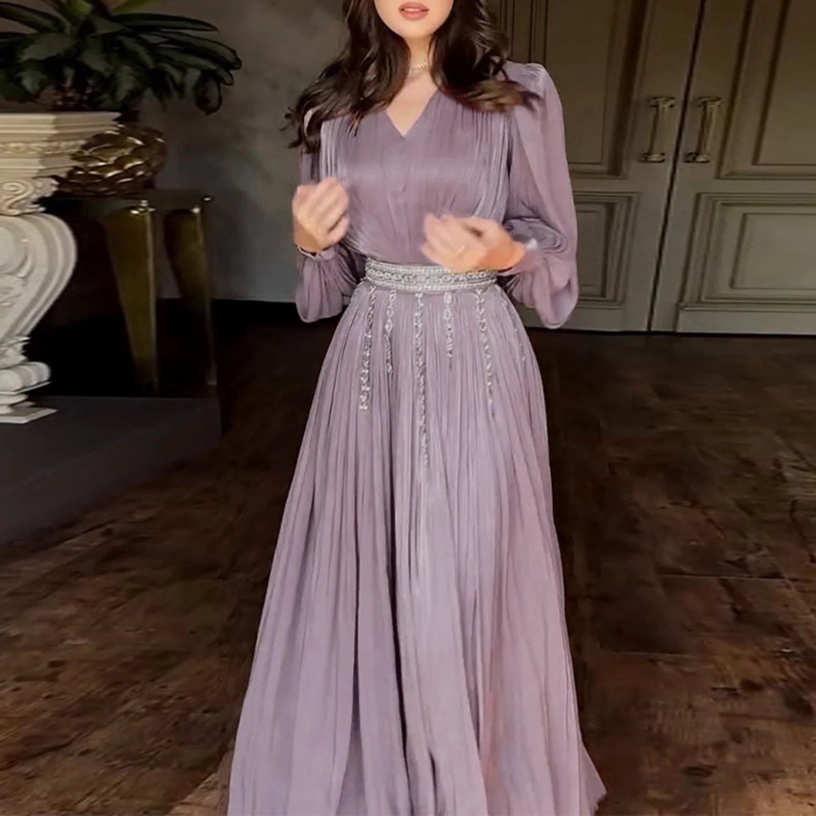 Fashion Clock Long Sleeve Chiffon Straight Long Maxi Robe Dress Vintage LADYLYS