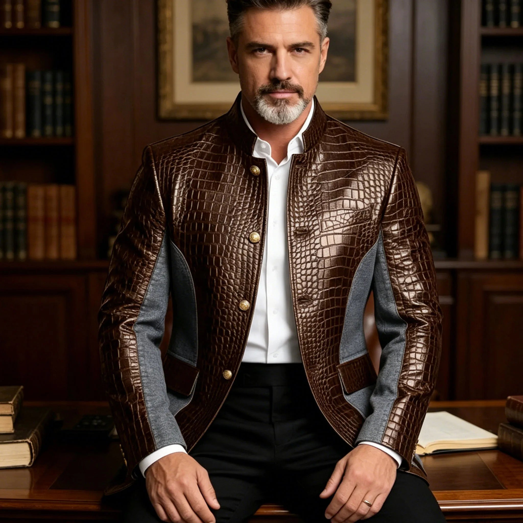 Men's Crocodile Embossed Leather Brown Jacket Patchwork Denim Luxury PU LADYLYS