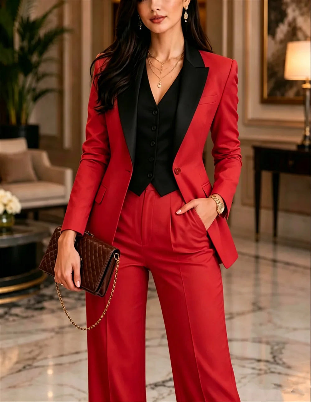 3-Piece Women’s Business Pant Suit – Slim Fit Blazer, Vest & Trousers Set