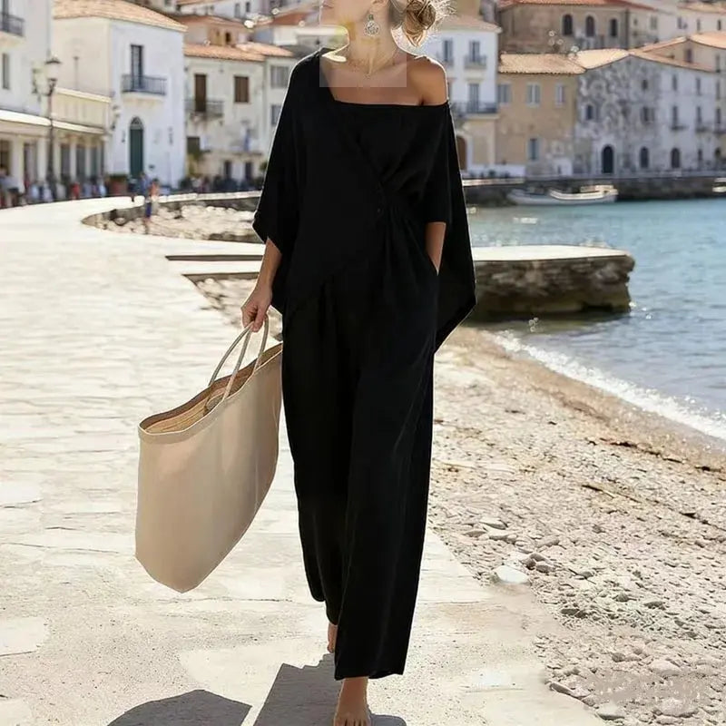 Elegant New Off Shoulder Hollow Jumpsuits Woman Batwing Sleeve Wrap Tie Waist Romper LADYLYS