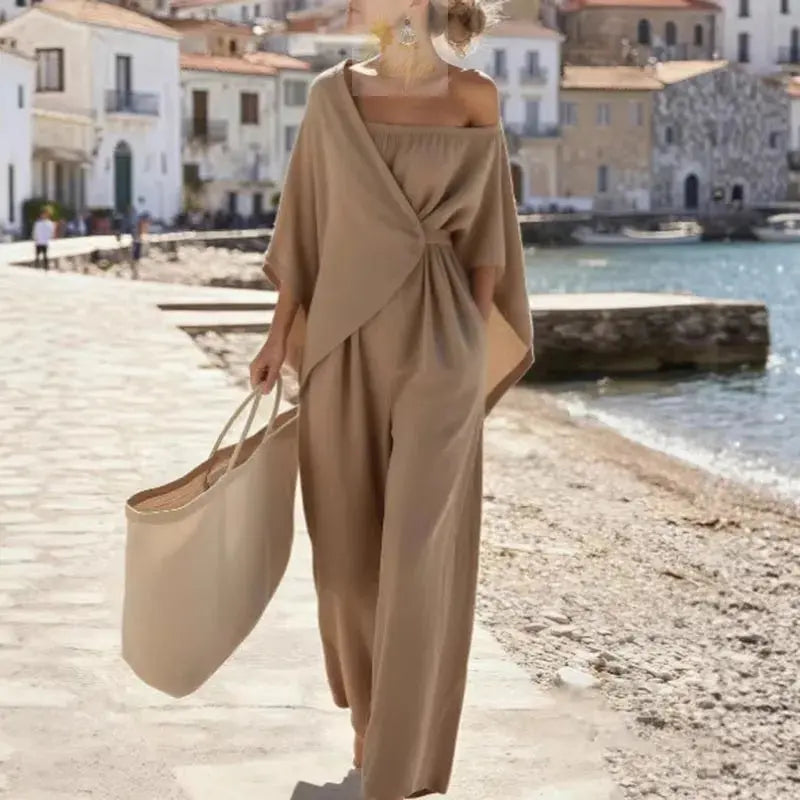 Elegant New Off Shoulder Hollow Jumpsuits Woman Batwing Sleeve Wrap Tie Waist Romper LADYLYS