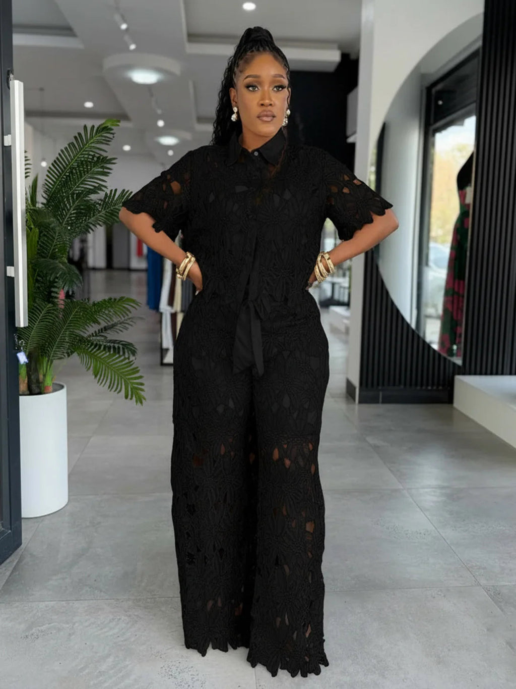 Women's Hollow Lace 2-Piece Set — Streetwear Top & Wide Leg Trousers LADYLYS